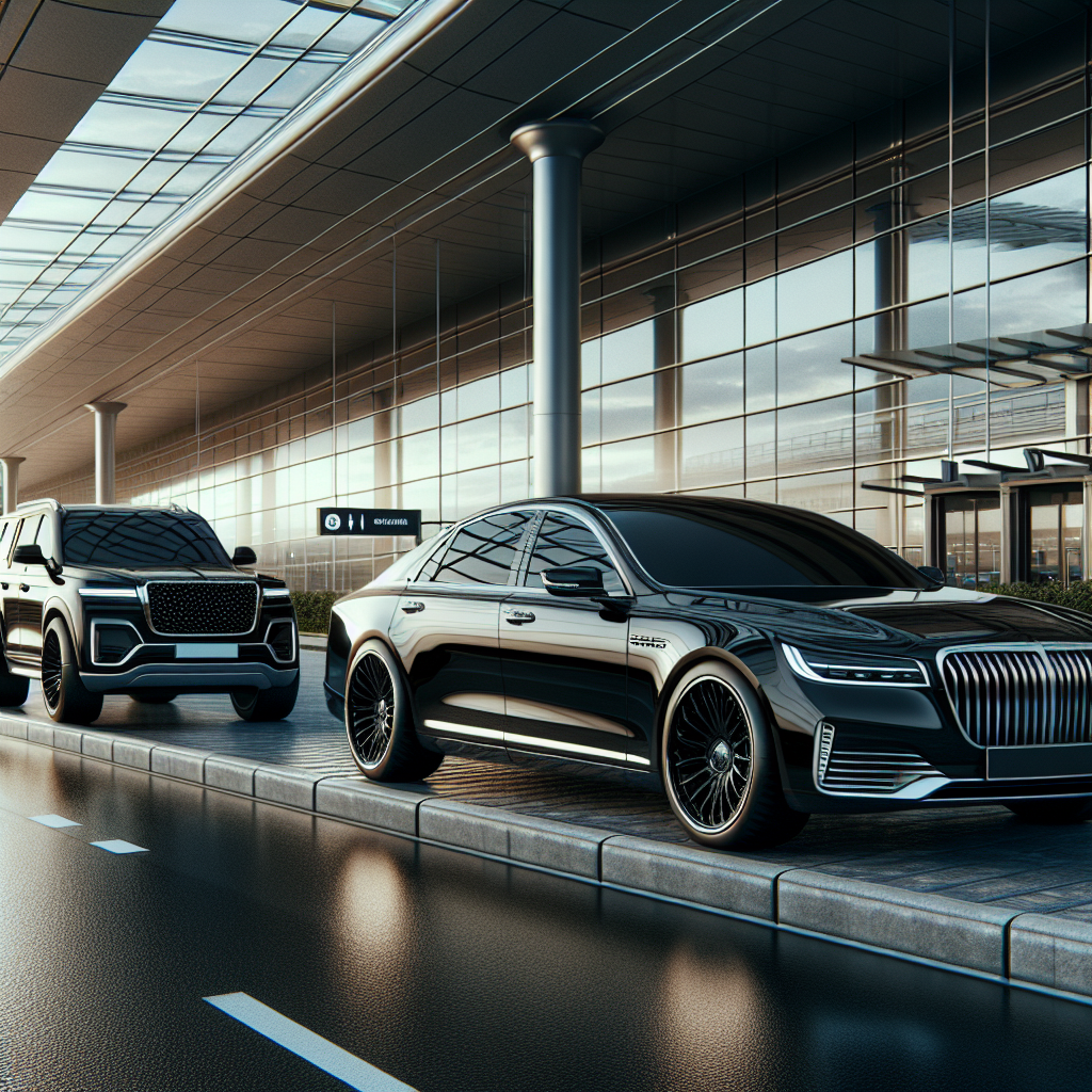 Luxury airport car service with a sleek black sedan and a spacious SUV outside a modern airport terminal.