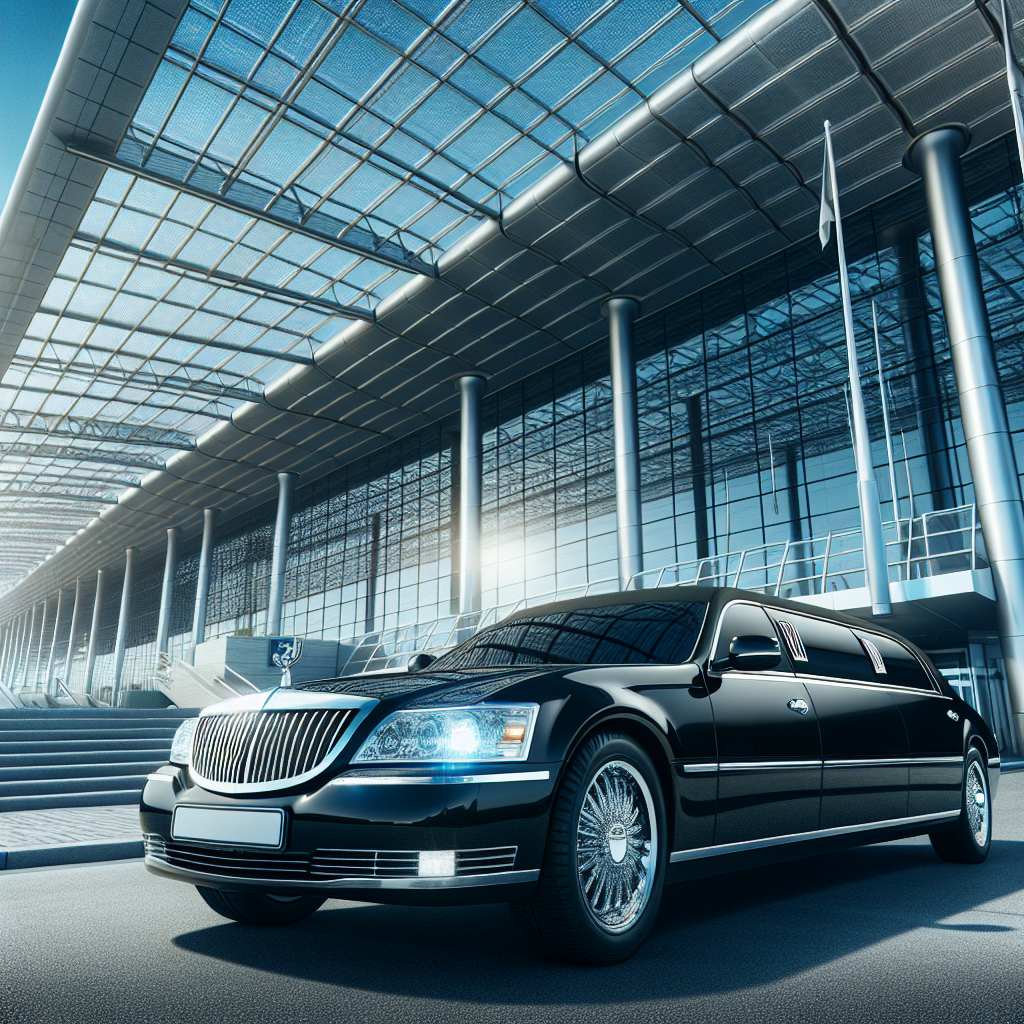 Elegant black limousine in front of a modern airport terminal