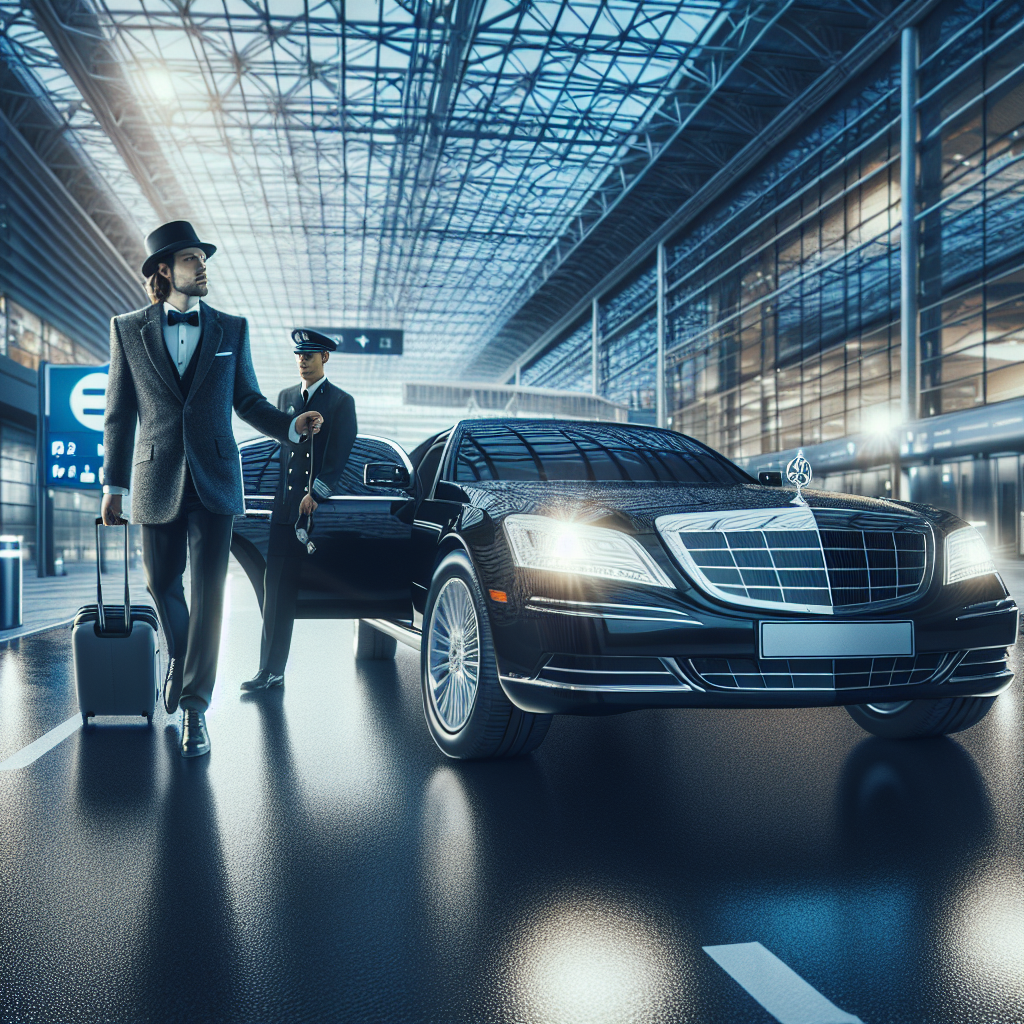 Luxury airport car service with a black limousine and a chauffeur at the airport terminal.