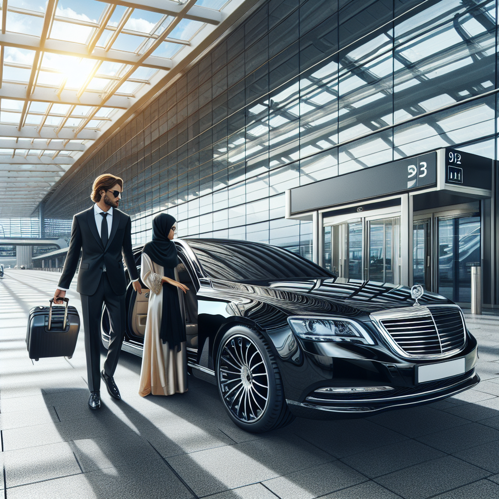 Luxury airport car service with a professional driver opening a black limousine door at an airport.