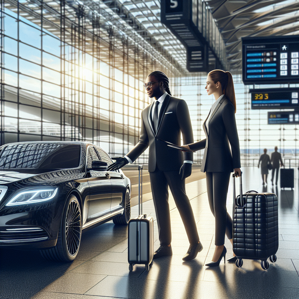 Luxury airport car service with a professional driver assisting a passenger at a modern airport terminal.