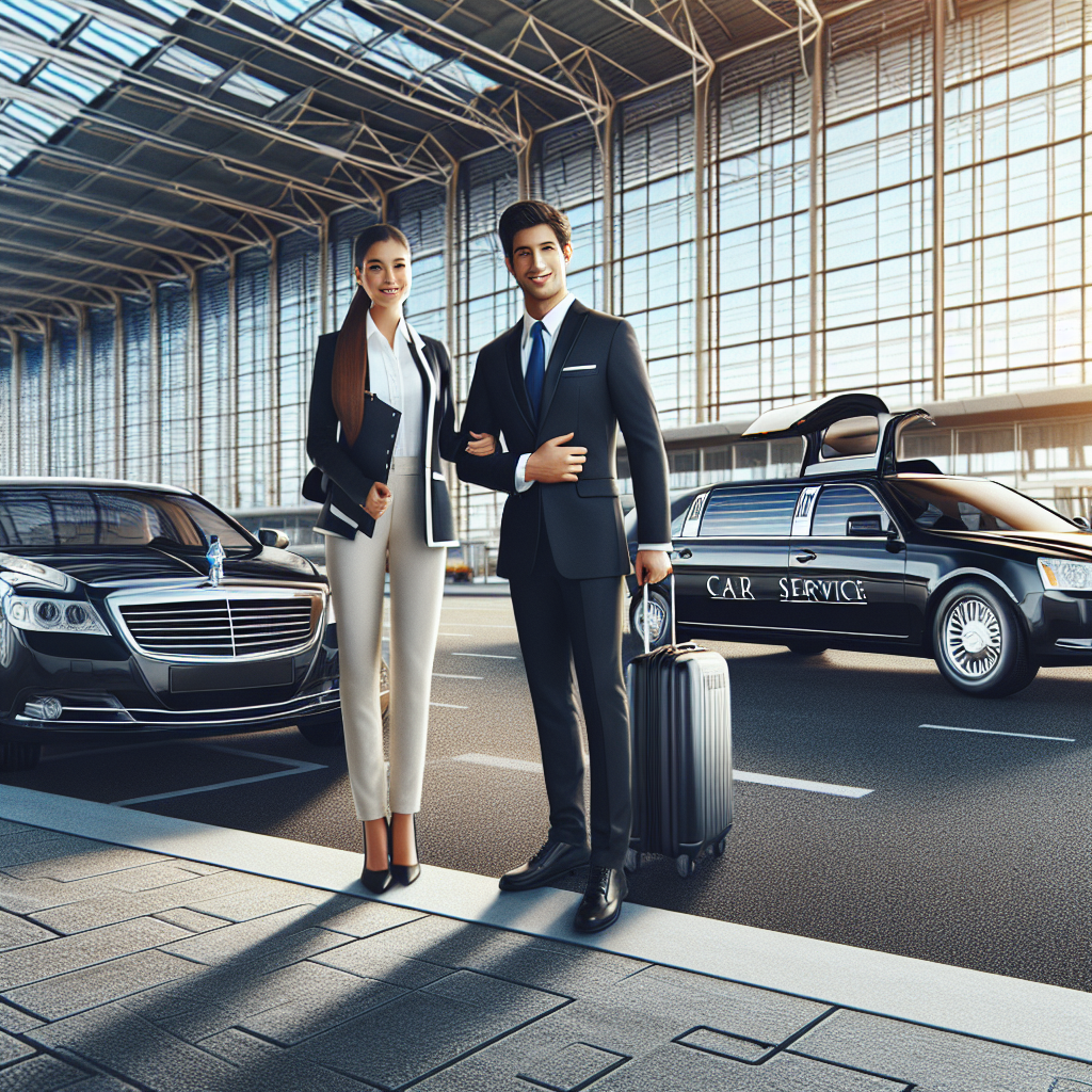 A luxury sedan at an airport terminal with a professional driver assisting a business traveler.