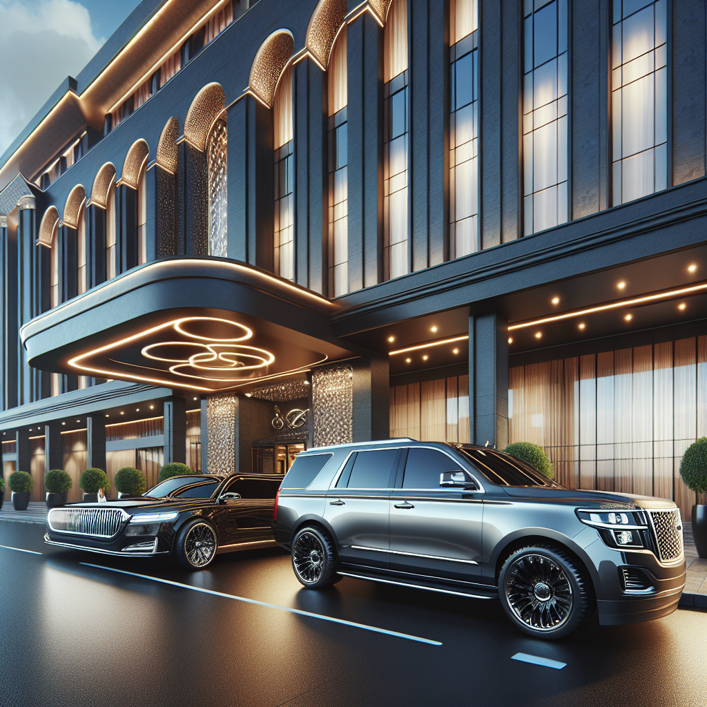 Luxury car service with a black limousine and silver SUV in front of a high-end hotel in New Jersey.