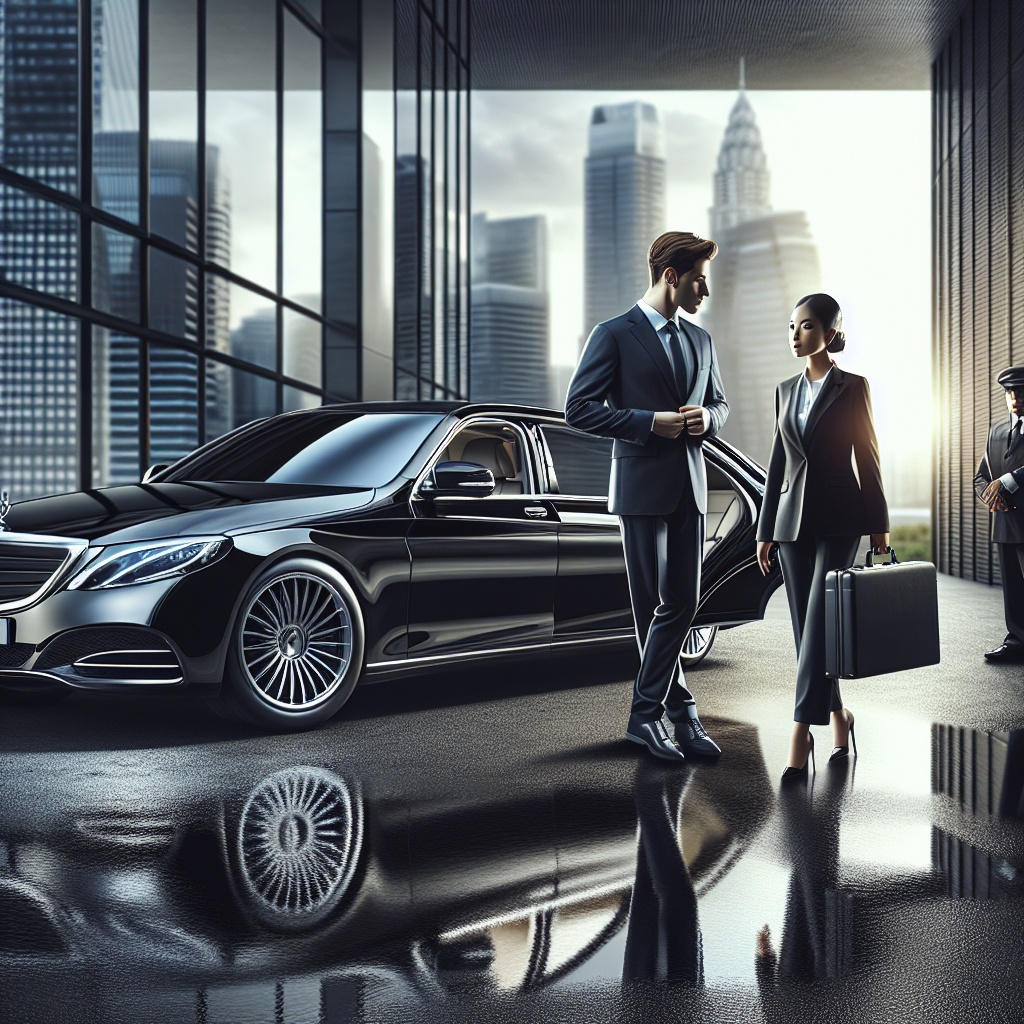 Luxury car service featuring a high-end black sedan with a professional driver assisting a business traveler.