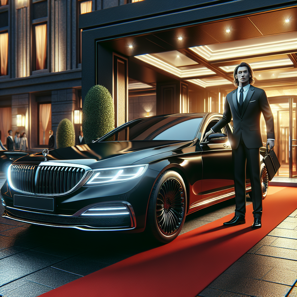 A luxury black sedan with a professional driver opening the door in front of an upscale hotel.