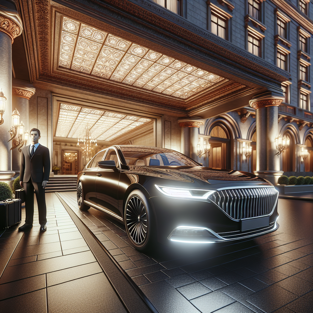 Luxury car parked outside a high-end hotel with a professional driver standing nearby.