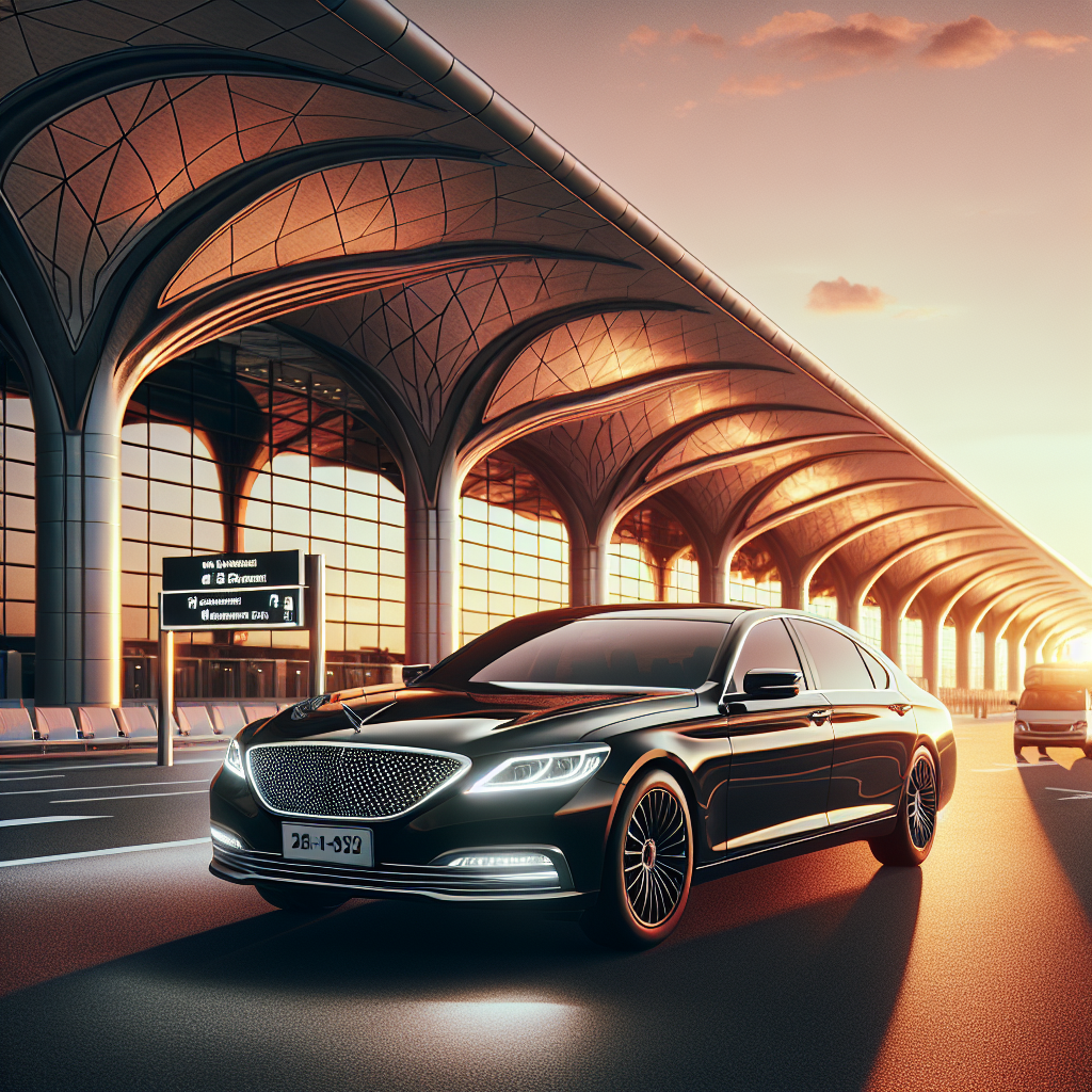 A luxury black sedan car parked outside Toronto Pearson International Airport at sunset.