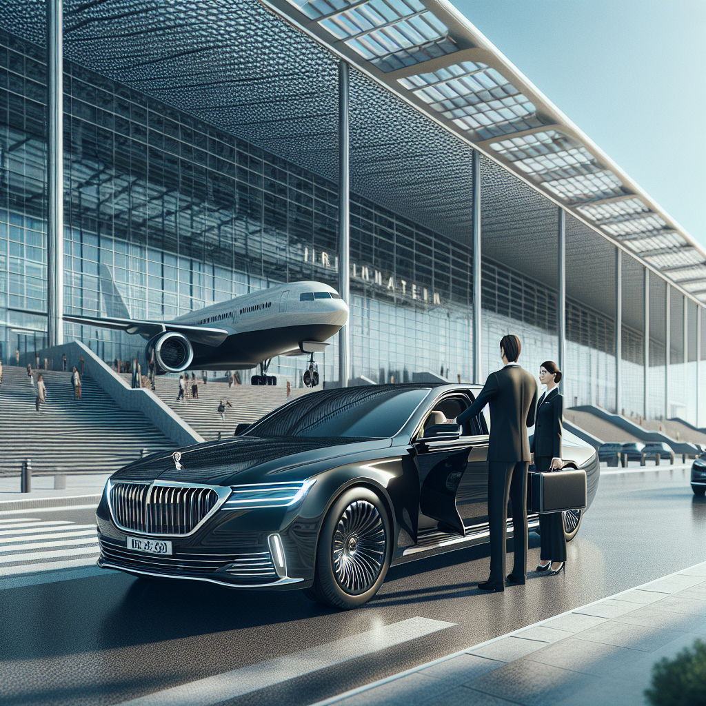 A luxurious black sedan with a driver at Toronto Pearson International Airport.