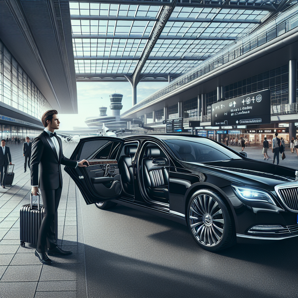 Luxury black car service at Toronto Pearson International Airport with a chauffeur opening the door.