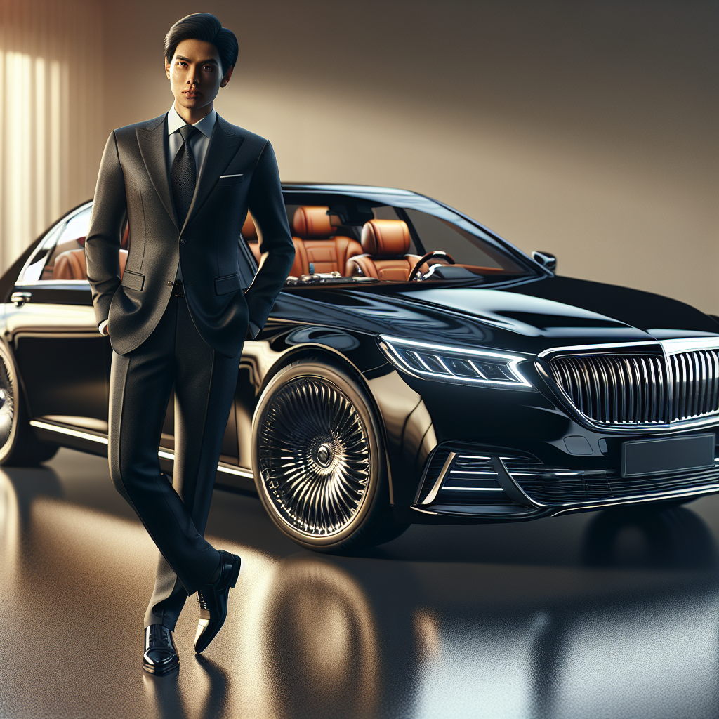 A professional driver standing beside a luxury black car with plush interiors and elegant design.