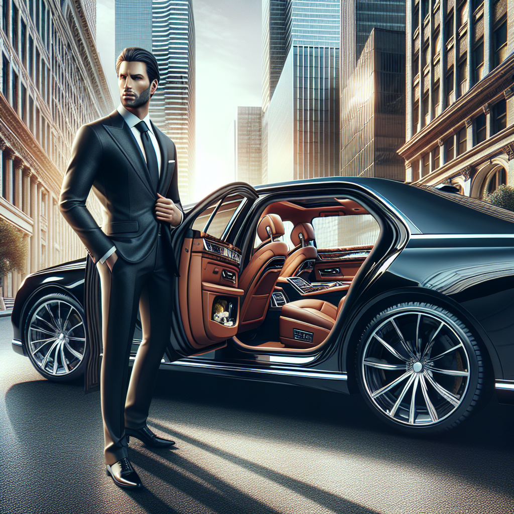 A luxury sedan with a professional driver opening the door in an upscale city.