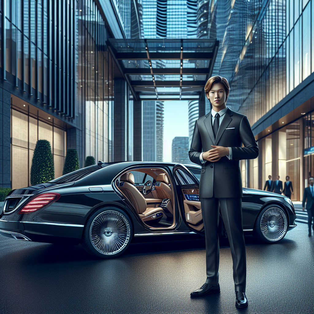 A luxury car parked in front of an upscale building with a professional driver in a suit welcoming guests.