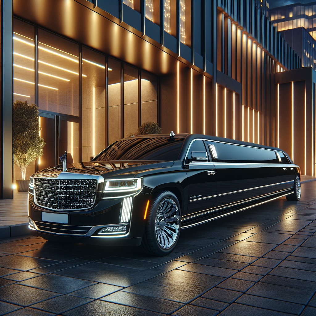 A sleek, black luxury stretch limousine parked in front of an upscale venue at twilight.