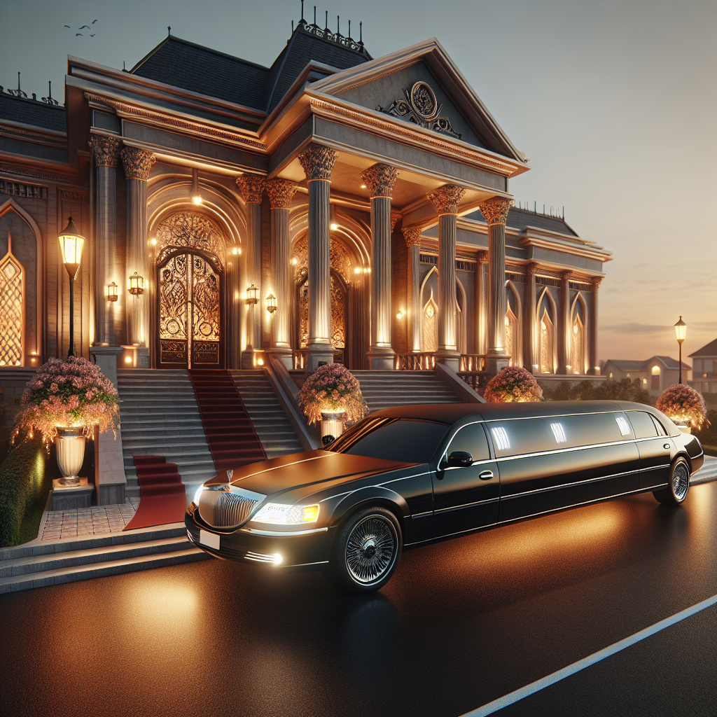 A luxurious black limousine parked in front of an elegant venue with warm lighting and red carpet at dusk.