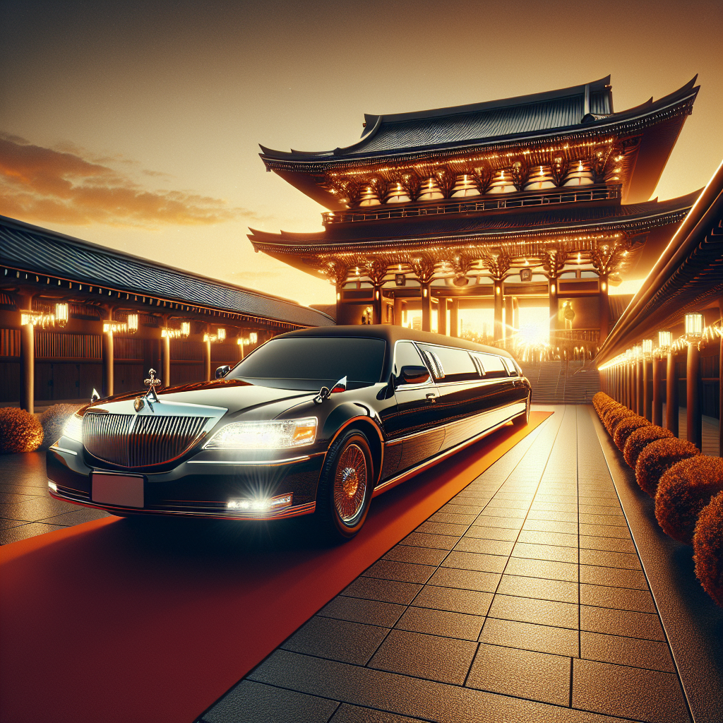 A sleek black limousine parked in front of a luxurious venue during sunset.