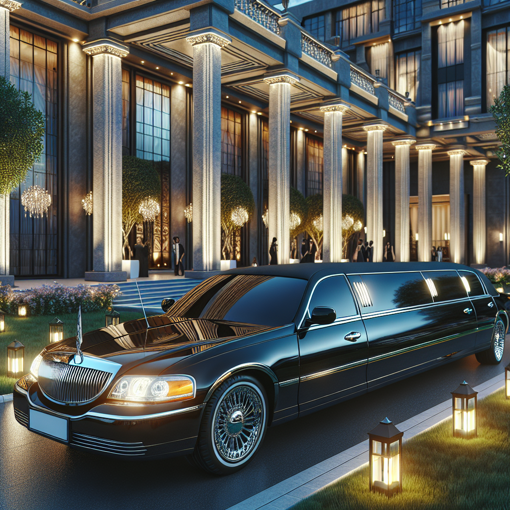 Luxurious black limousine parked in front of an elegant event venue.