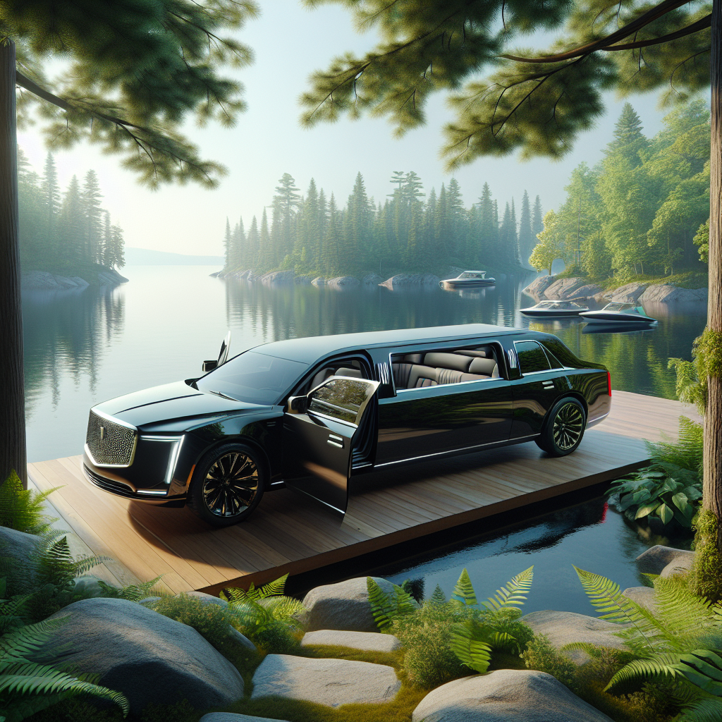 A luxurious black limousine parked by a serene lakeside in Muskoka, showcasing a tranquil and elegant setting.