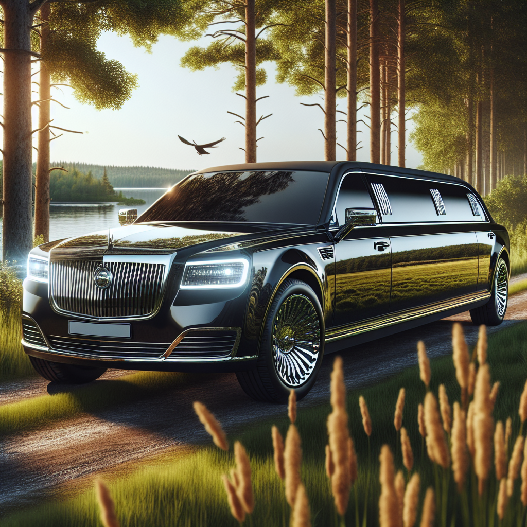 A luxurious black limousine driving through the picturesque landscapes of Muskoka.