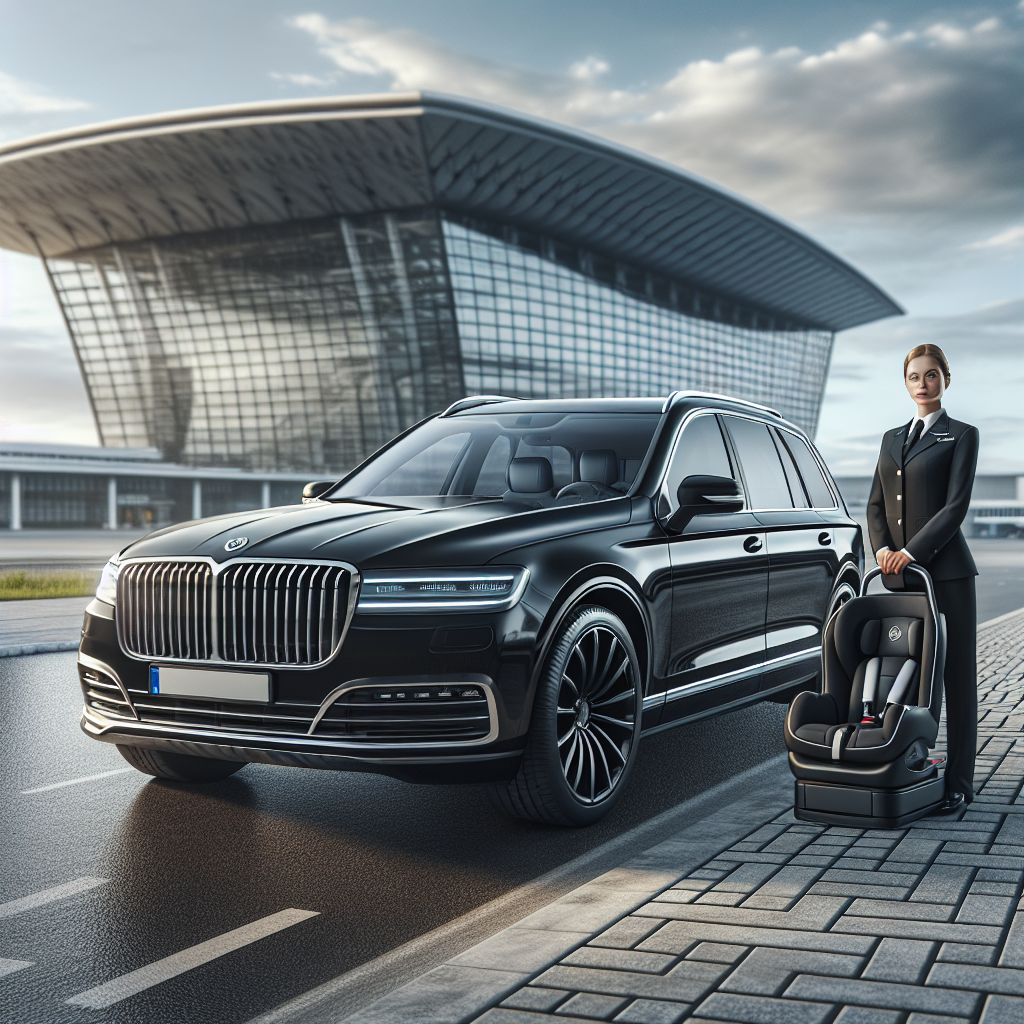 Luxury car service at Toronto Pearson International Airport, highlighting child safety with a car seat.