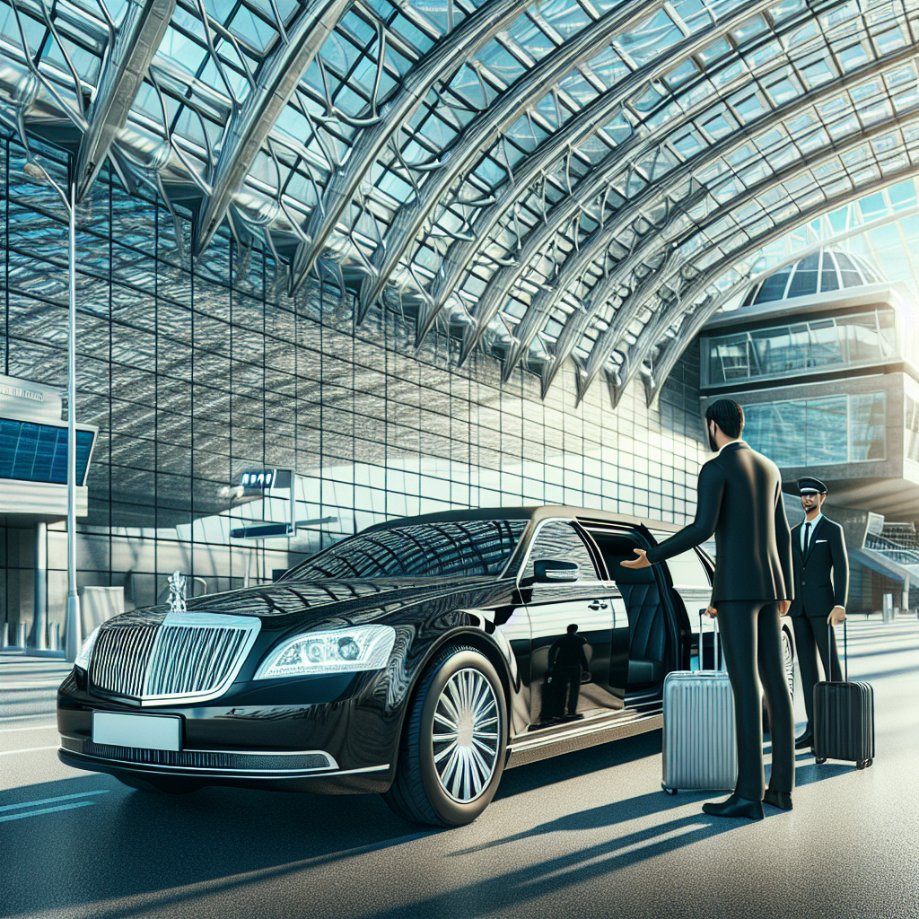 A realistic image of a chauffeur assisting a traveler into a black limousine near an airport.