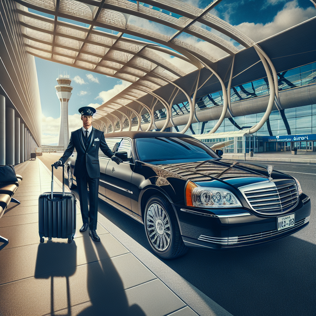 A uniformed chauffeur assisting a passenger with luggage as they enter a luxurious black limousine outside Hamilton Airport.