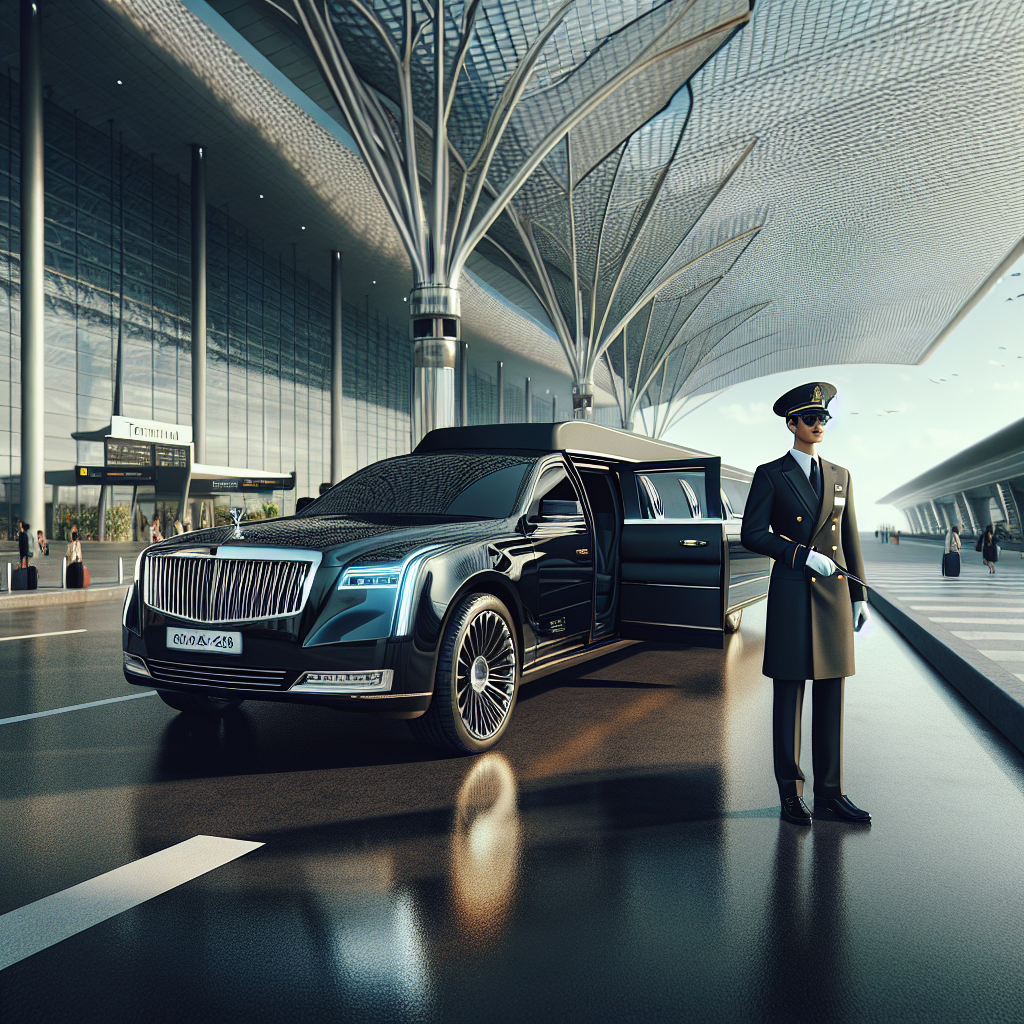 A black limousine with a uniformed chauffeur at an airport terminal.