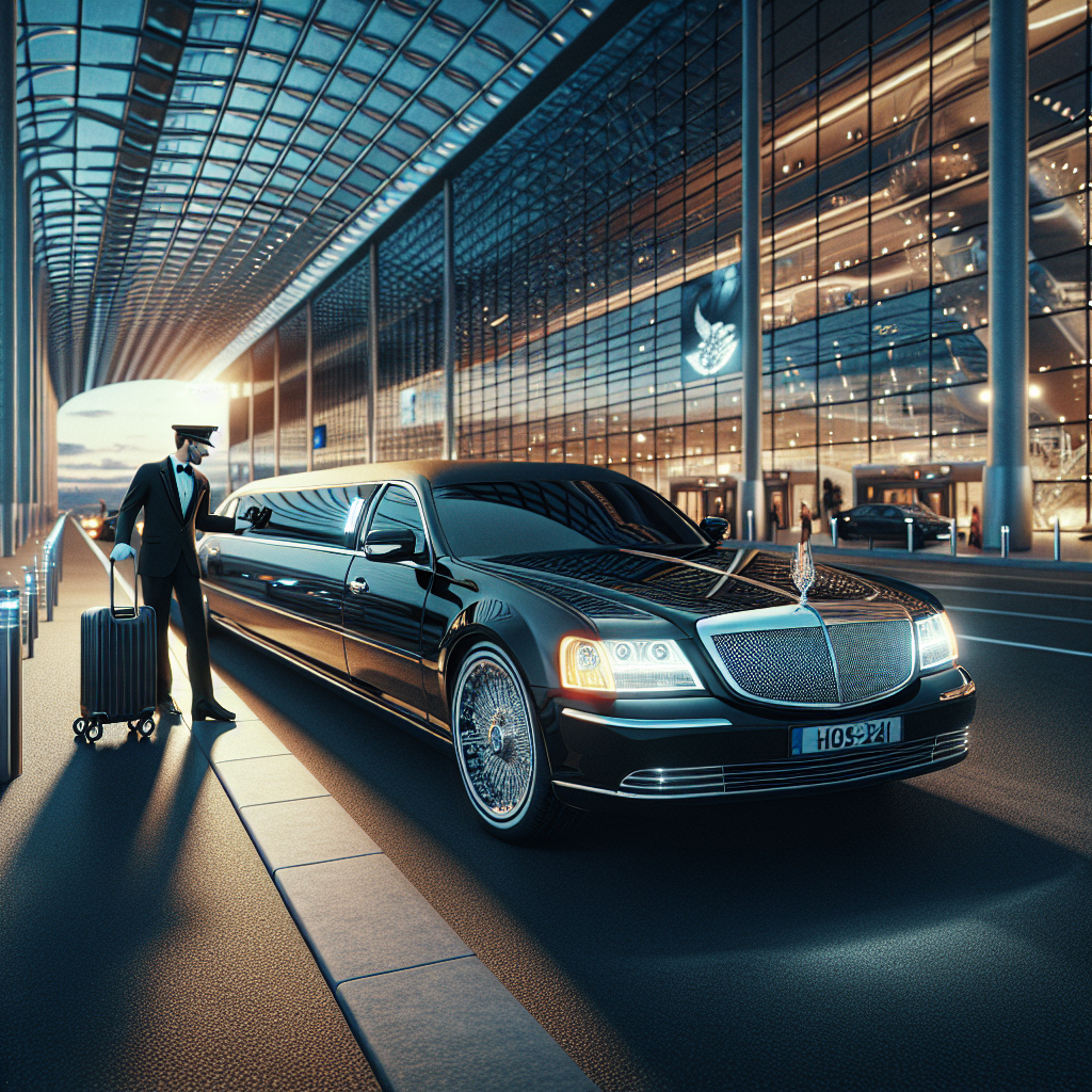 Luxurious black limousine with a uniformed chauffeur at a modern airport terminal.