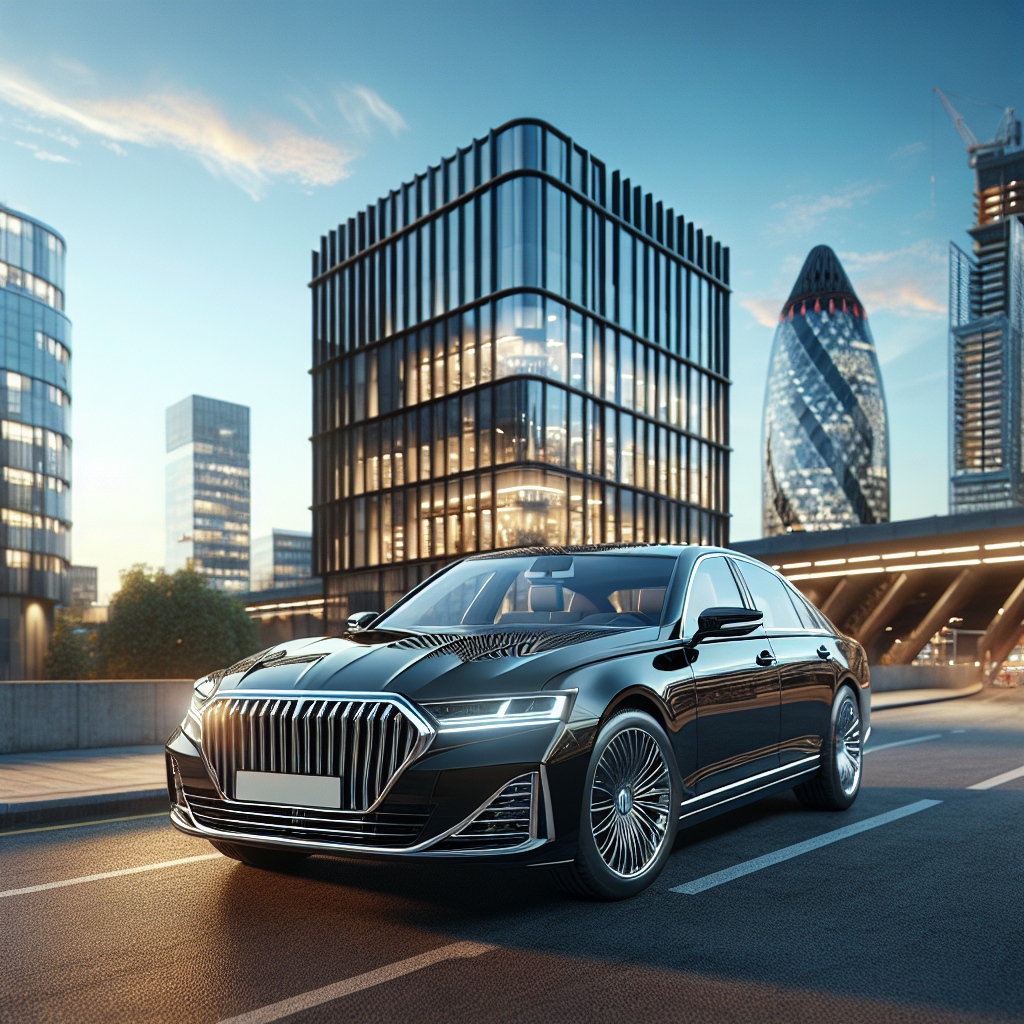 A luxurious black sedan car parked in front of a modern building in Waterloo.