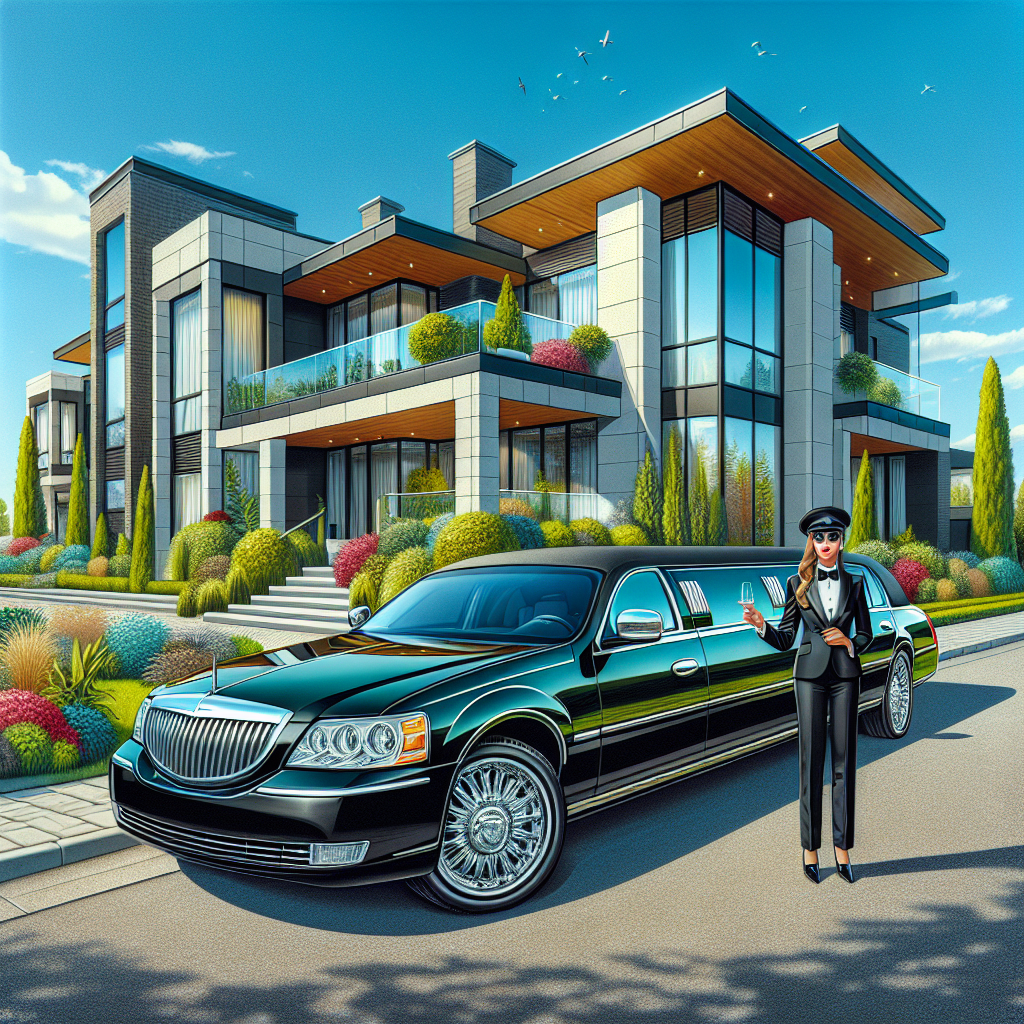 A sleek, black limousine in front of an upscale building with a professional driver welcoming a passenger.