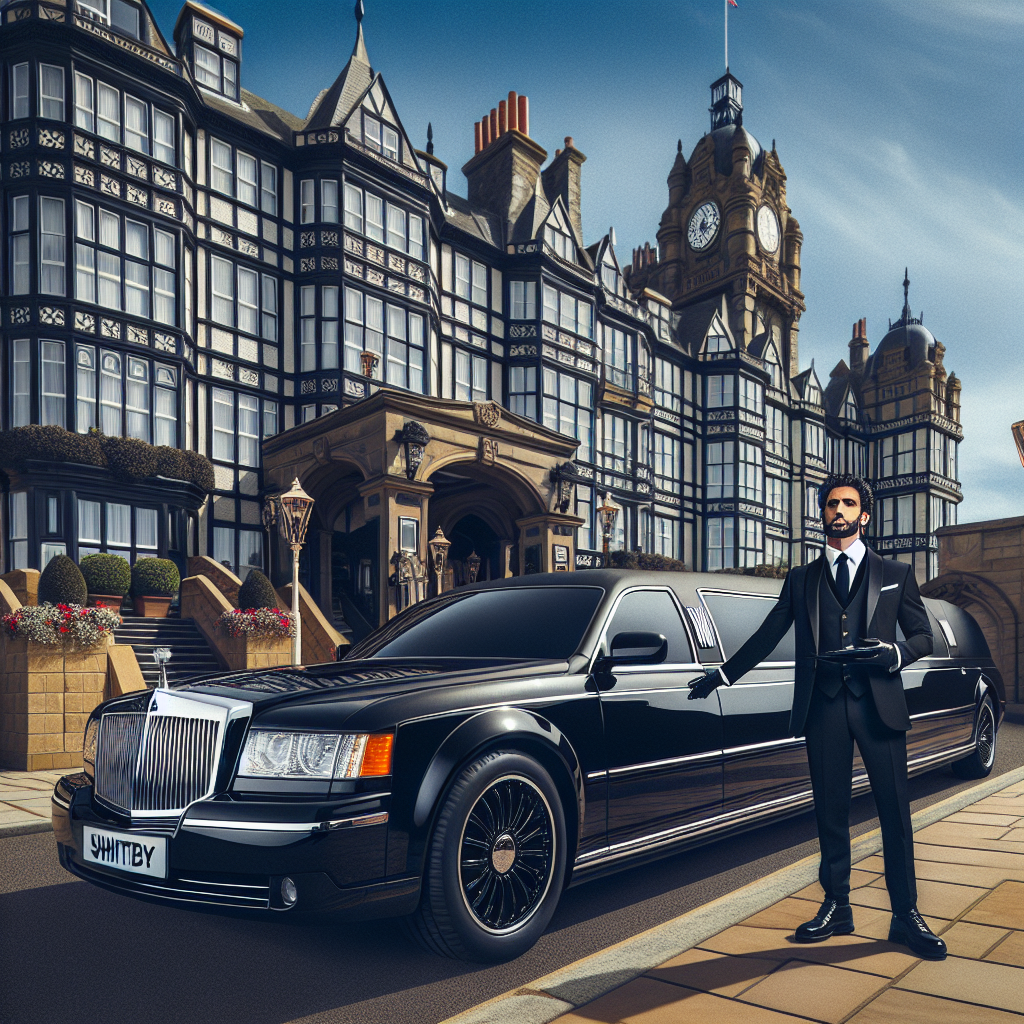 A luxurious black limousine with a professional chauffeur in front of an upscale hotel in Whitby.