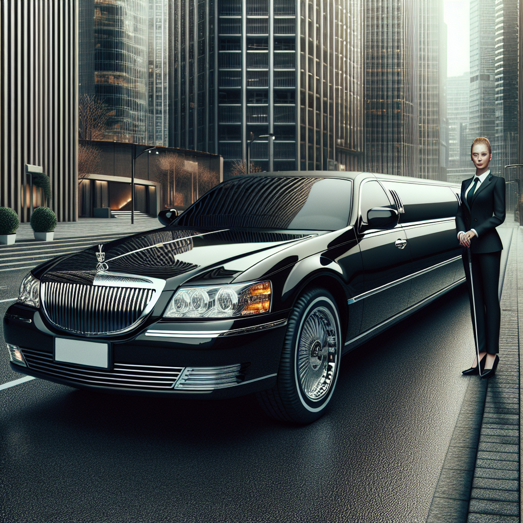 A sleek black limousine with a professional driver in an upscale urban setting.