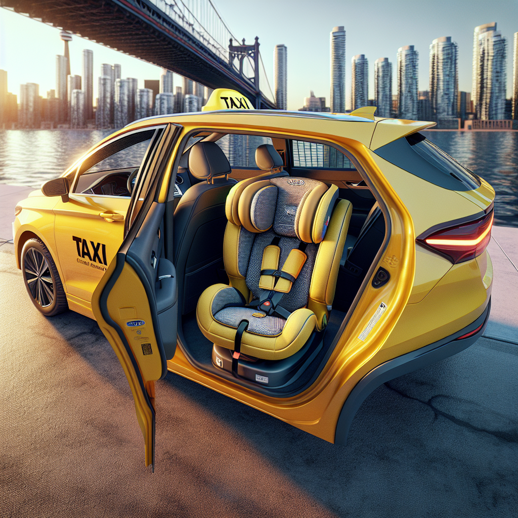 Toronto taxi with a securely installed car seat in the back, ensuring child safety.