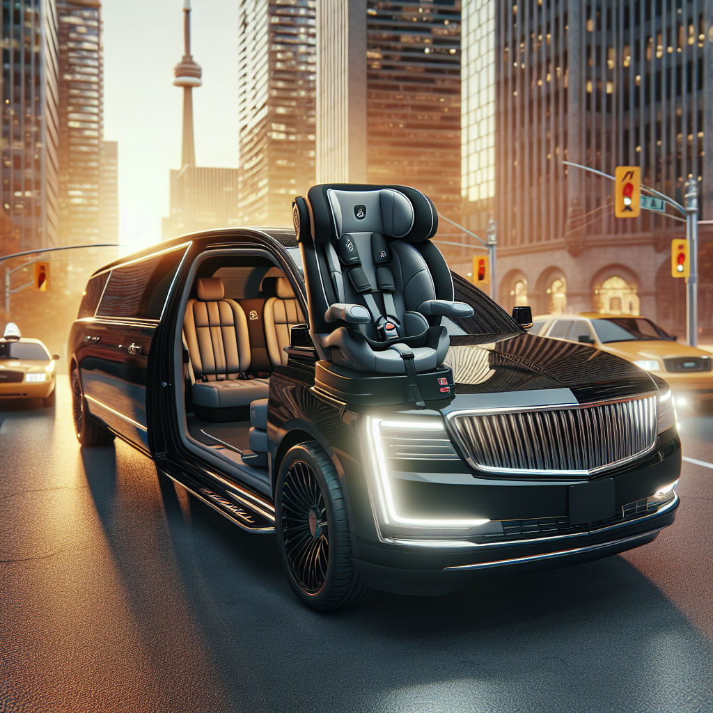 A luxurious black limousine taxi in Toronto with a high-quality car seat visible inside.