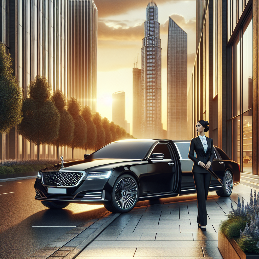 A luxurious black limousine with a chauffeur opening the door in front of a modern building at sunset.