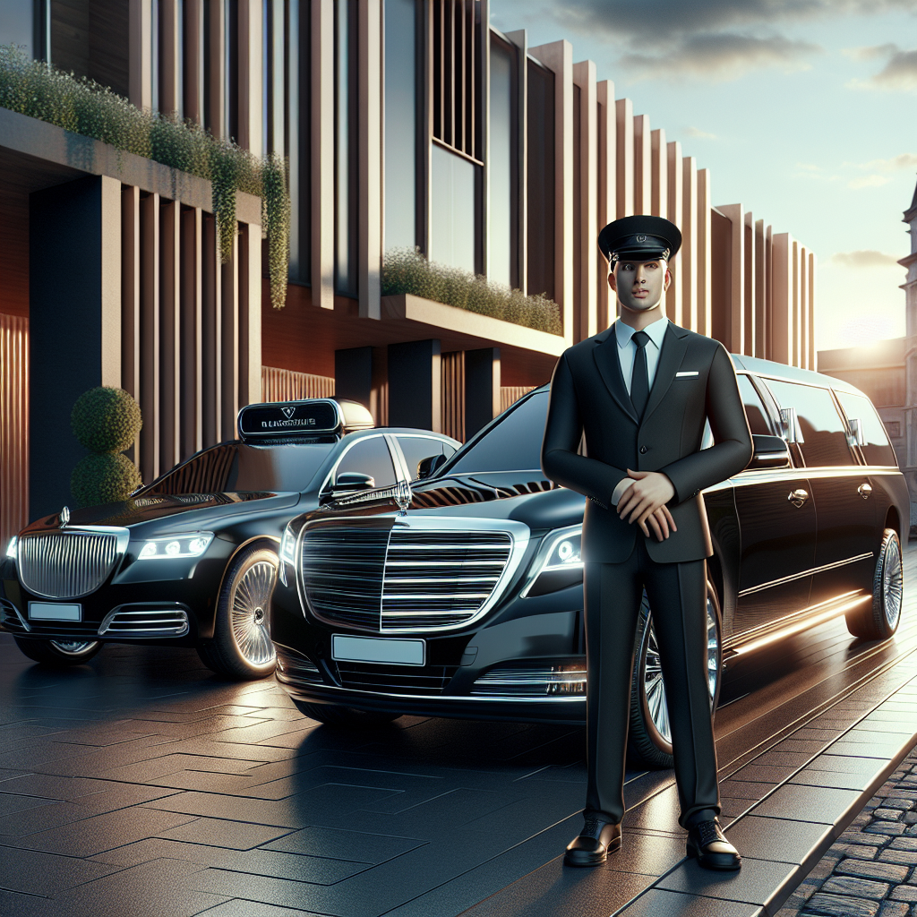 Luxury limousine service with a black sedan and SUV parked in front of an upscale building. A professional chauffeur is standing nearby.