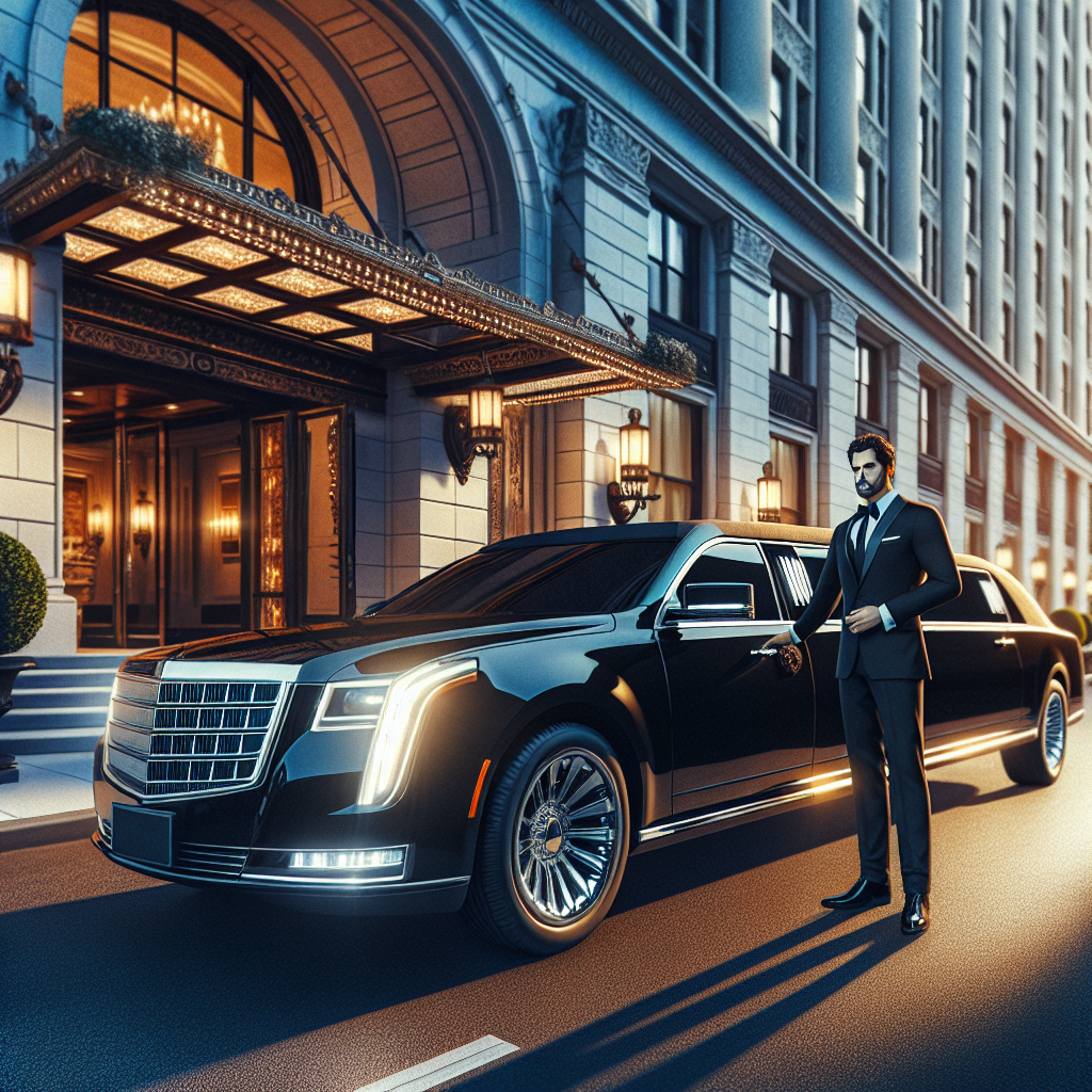 Elegant black limousine parked in front of a grand hotel, with a professional driver opening the door for a well-dressed passenger.