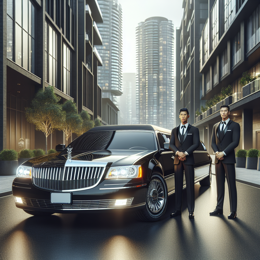 A luxury limousine service with a sleek black limousine and professional drivers in a modern urban setting.