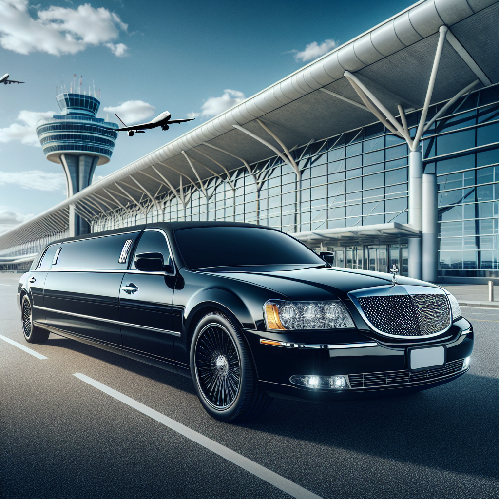 Luxury black limousine parked in front of Toronto Pearson International Airport.