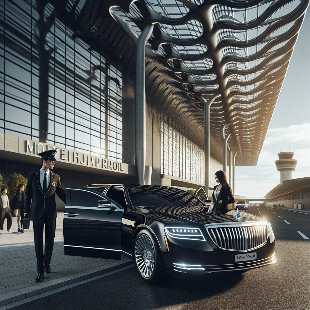 A luxury black limousine with a chauffeur at Toronto Pearson International Airport.