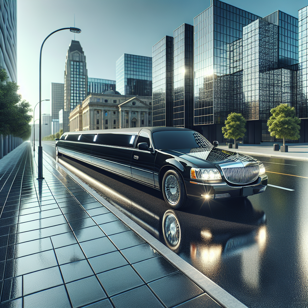 A luxurious black stretch limousine parked on a street in Peterborough on a sunny day.