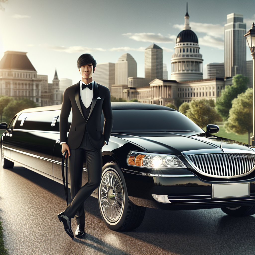 Luxurious stretch limousine with chauffeur in Peterborough cityscape.