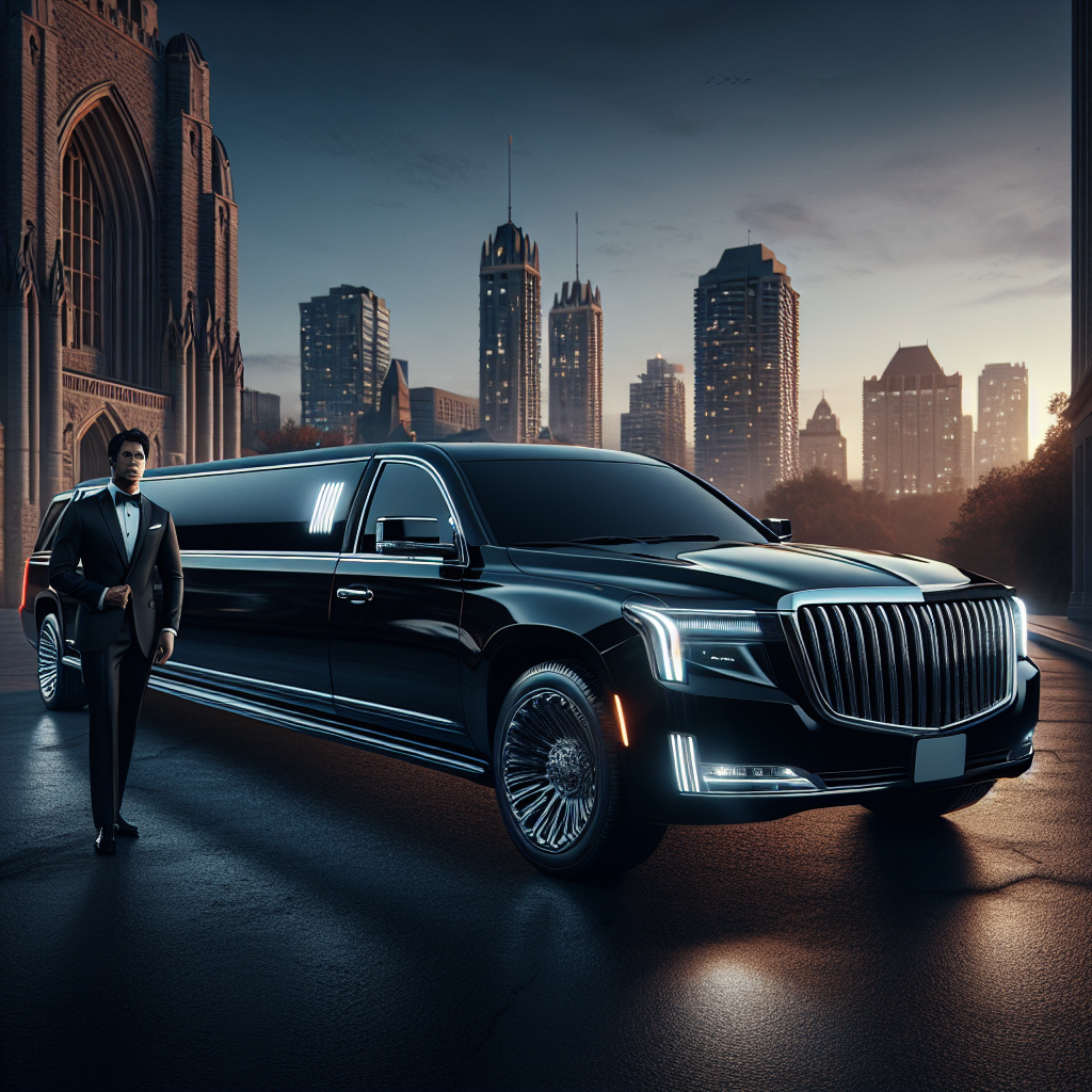 A luxurious black limousine with a professional driver against the Guelph city skyline at dusk.