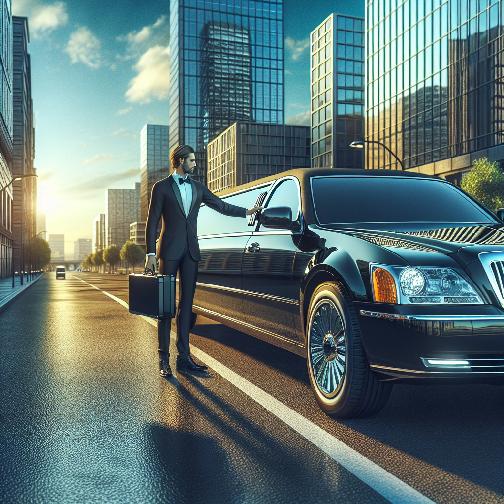 Luxury limo service in Guelph with a black limousine, professional driver, and urban setting.