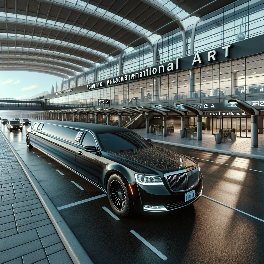 A luxurious black limo parked outside the terminal of Toronto Pearson International Airport.