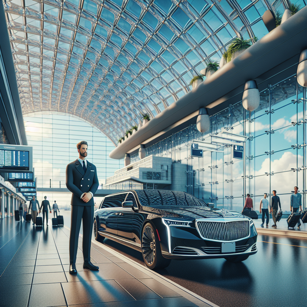 A luxurious black limo with a chauffeur at Toronto Pearson International Airport terminal entrance.