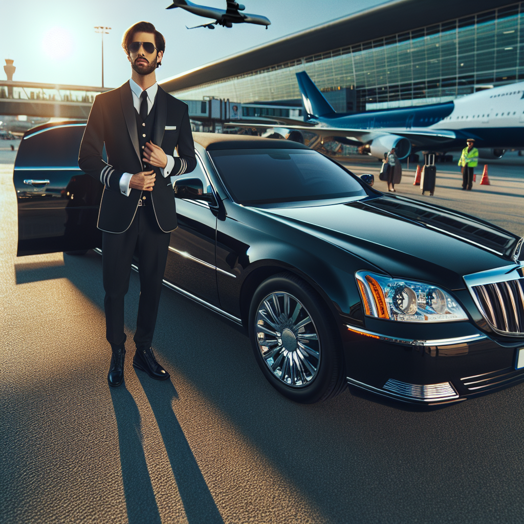 A luxurious black limousine with a professional driver at Newark Liberty International Airport.