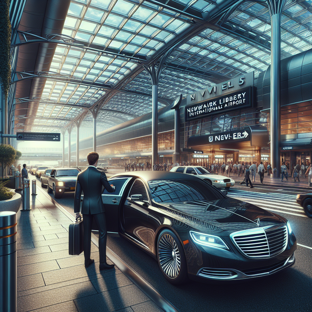 Luxury black sedan car service at Newark Liberty International Airport with a professional driver.