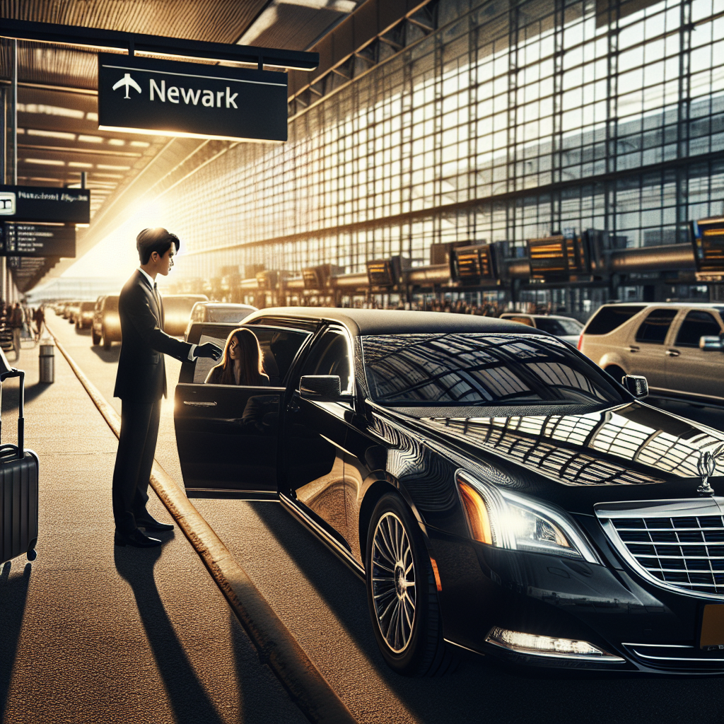 Luxurious black car service outside Newark Liberty International Airport with a chauffeur opening the door.