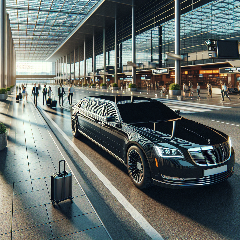 A luxury limousine waiting outside a bustling modern airport.