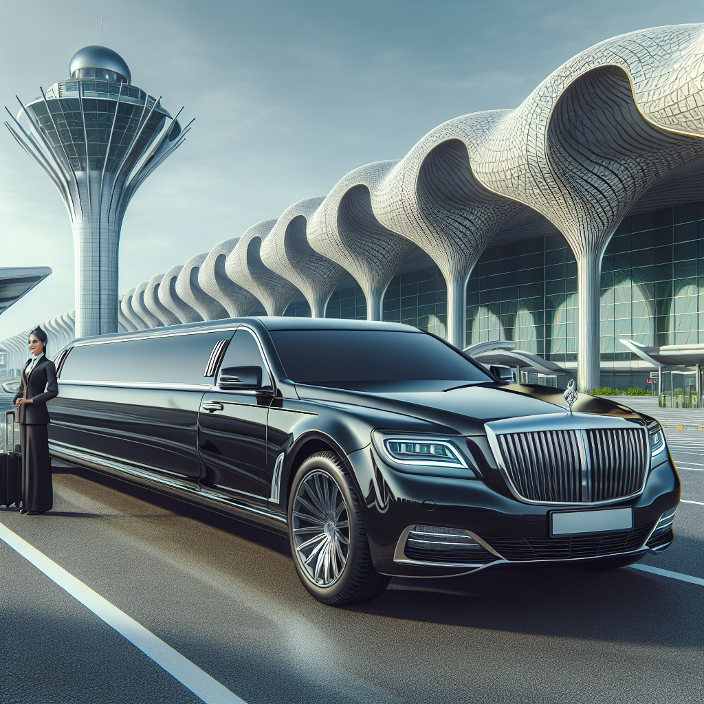 A luxurious black limousine parked outside Toronto Pearson International Airport with a professional driver standing beside it.